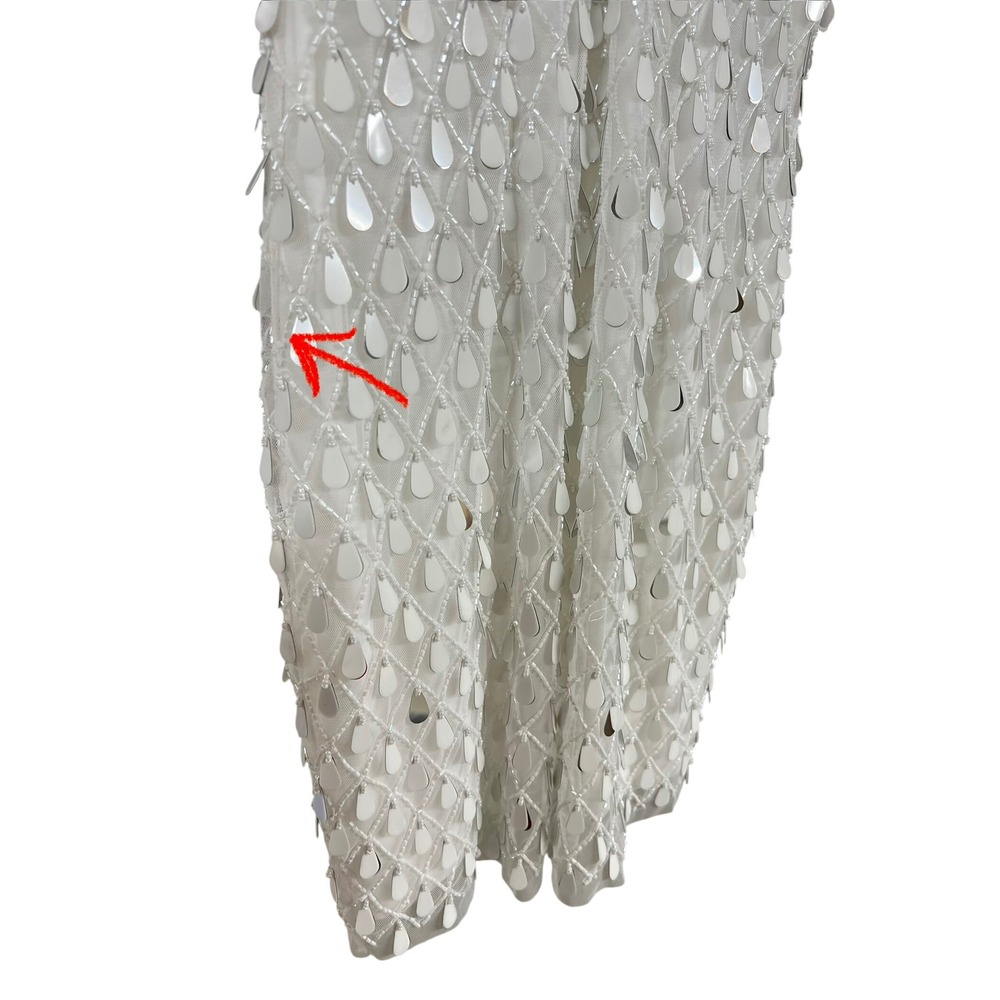 Liv Foster Beaded Sequin Lattice V-Neck Mini Dress Ivory Silver Size 6 - Picture 3 of 7